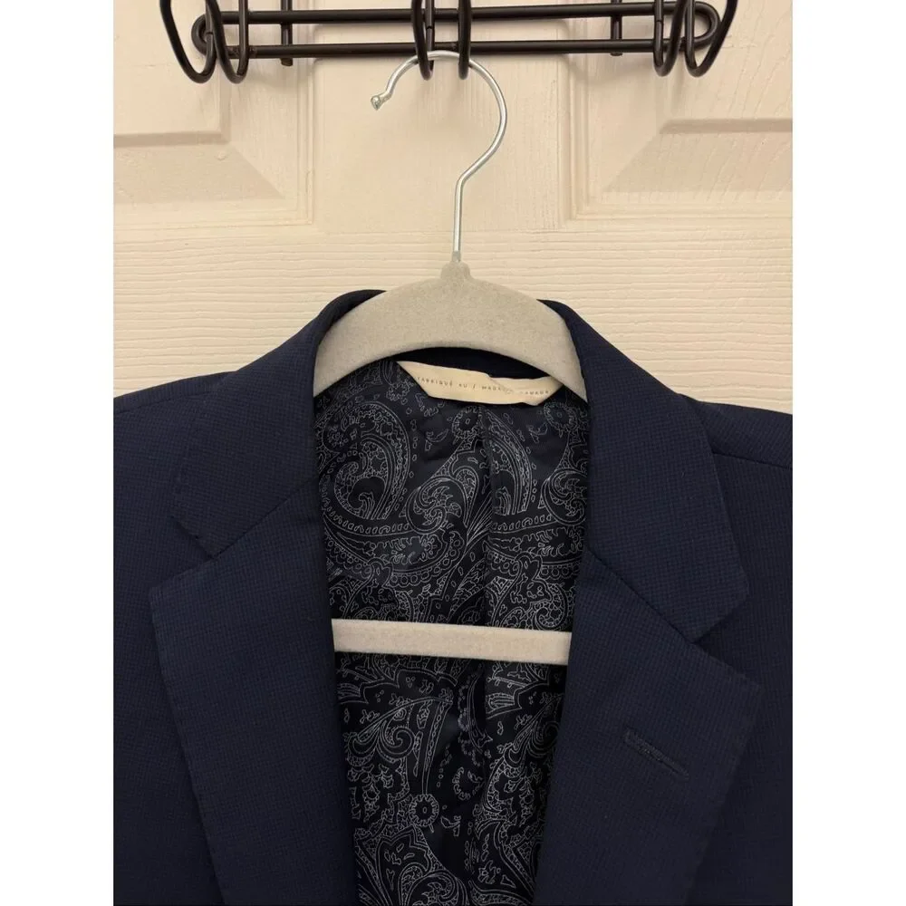 Carl Sterr Loro Piana Italy 100% Wool Navy Blue Blazer Size 38R Plaid Check